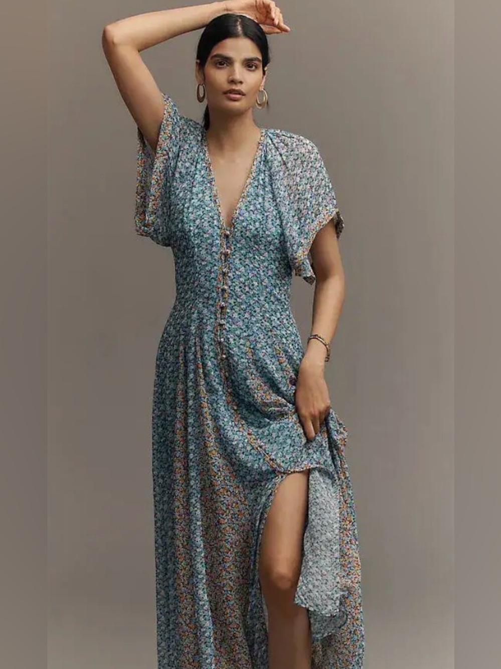 Anthropologie Floral V-Neck Blue Maxi Dress with Button Front size 2 - Picture 1 of 14